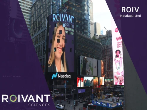 Angela Johnson at the Nasdaq MarketSite in Times Square for the Roivant Sciences IPO, October 2021