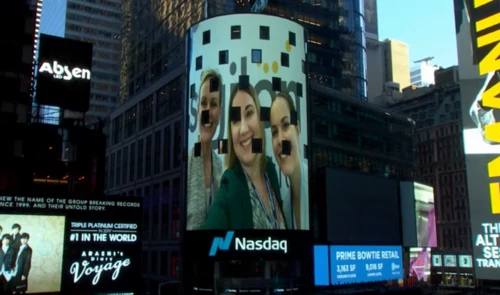 Angela Johnson at the Nasdaq MarketSite in Times Square for the Sigilon Therapeutics IPO, December 2020