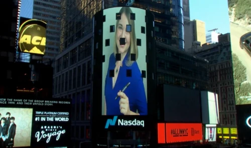 Angela Johnson at the Nasdaq MarketSite in Times Square for the Sigilon Therapeutics IPO, December 2020