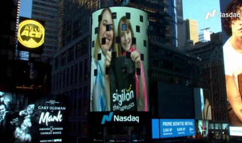 Angela Johnson at the Nasdaq MarketSite in Times Square for the Sigilon Therapeutics IPO, December 2020